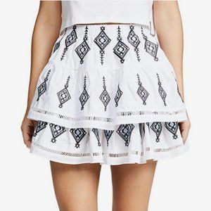 NWT Endless Rose Shirred Mini Skirt XS. Blue and white boho embroidered pattern